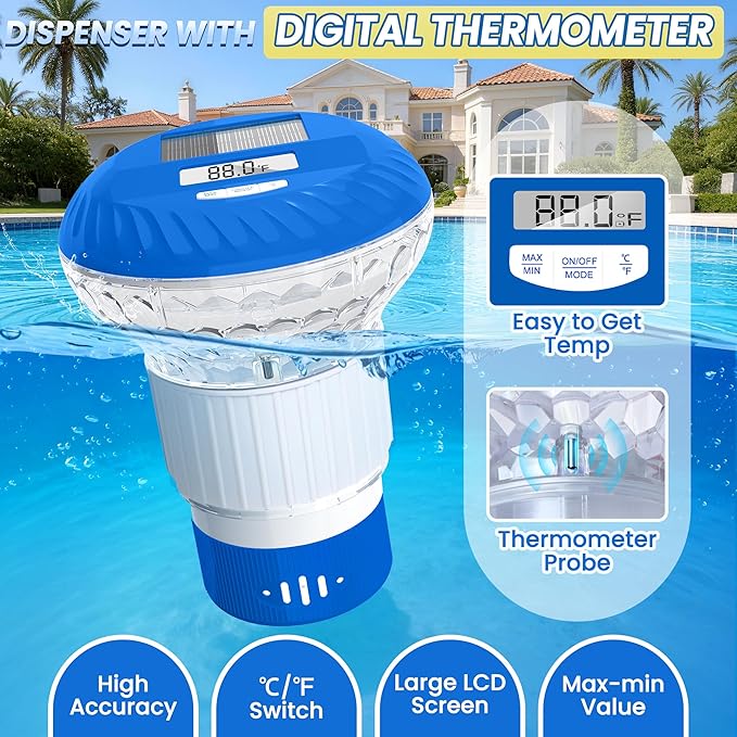 2026 Upgraded Pool Chlorine Floater with Thermometer, Digital Screen Pool Chlorine Floater,Solar Pool Chlorine Floaters with Light, Button Control Floating Chlorine Dispenser for Pool (Blue)