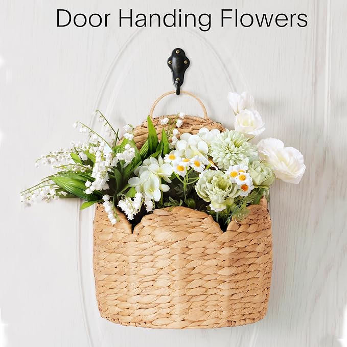 2 PC Door Basket Scalloped Hanging Storage Basket,Water Hyacinth Woven Wall Baskets for Front Door Decor, Hangable Storage Organize for Flowers,Planter,Mails,Wicker Baskets for Organizing Garden- S+L