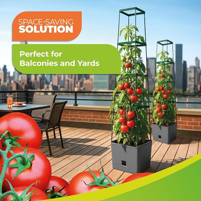 BioGreen 2 Pack Garden Tomato Planter MAXITOM, with Plant Support Trellis 59 inch and Self Watering, 4,2 Gal Planter Box for Climbing Vegetables Plants, Gray