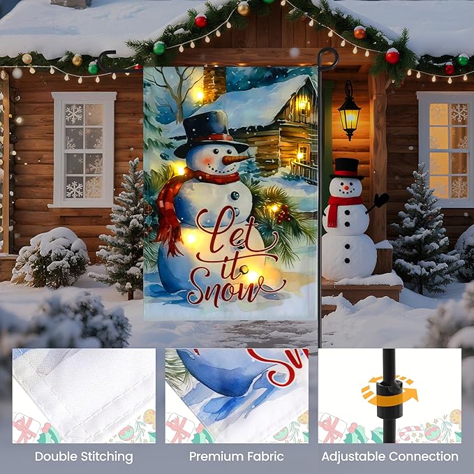 Christmas Garden Flag with Lights for Outdoor, 12x18 Snowman Double Sided Outdoor Flag, Led Solar Lighted Holiday Decoration, Winter House Yard Flags for Outside Lawn Porch Farmhouse Decor