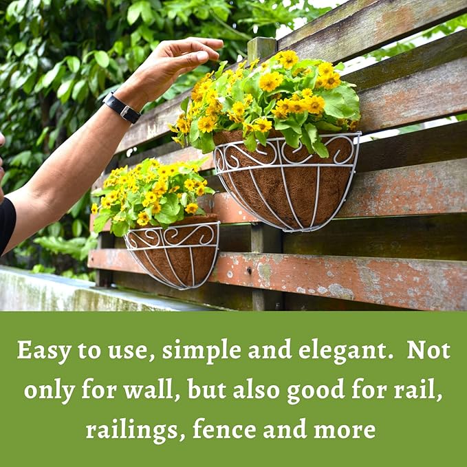 LalaGreen Bundle - 2 Pack,16 inch Wall Planter + 2 Pack,16 Inch White Hanging Basket with Coco Liner,Wall Mounted Extra Large Herb Flower Pots,Outsdie Garden Decor Rail Fence Deck Balcony Patio Porch
