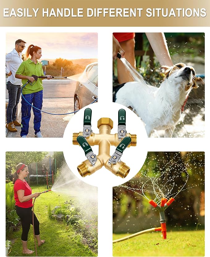 EBH Garden Hose Splitter 4 Way, Heavy Duty Solid Brass Hose Splitter with Shutoff Valves, Water Spigot Splitter With 304 Stainless Steel Handle, Full Flow Outdoor Faucet Splitter, 3/4" GHT Thread