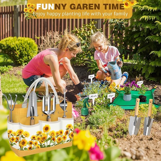 22Pcs Gardening Tools Set for Women Heavy Duty Garden Hand Tool Kit,Gifts for Mothers Day Mom Beginner Gardening Accessories with Sunflower Tote Bag/Shovel/RepottingMat/Plant Labels/Gloves-Yellow