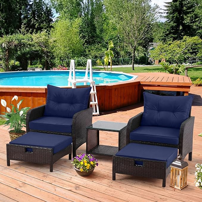 DoubleFill 4 Pcs Outdoor Ottoman Cushion 23"x19"x3" Waterproof Fade Resistant Outdoor Footstools Cushion Removable Patio Ottoman Cushions with Adjustable Fixing Strap for Stool (Navy Blue)