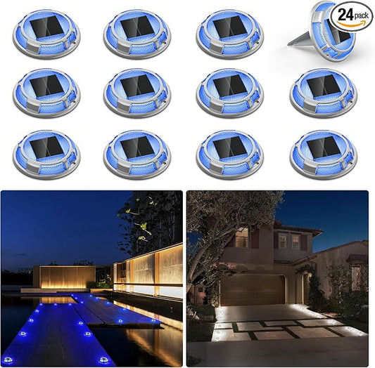 Solar Driveway Lights Dock Lights Waterproof 24 Pack, 2 Colors in 1 Outdoor LED Solar Deck Light, Solar Powered Walk Way Light Road Marker for Stair Pathway Patio,Blue & White