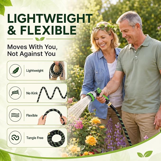 Garden Hose 25 FT, Non-Expanding Water Hose with 10 Pattern Spray Nozzle, Lightweight Flexible Kink-Resistant Garden Hose, Durable Outdoor Hose for Yard, Lawn, Patio, Garden, Car Washing, Black Green