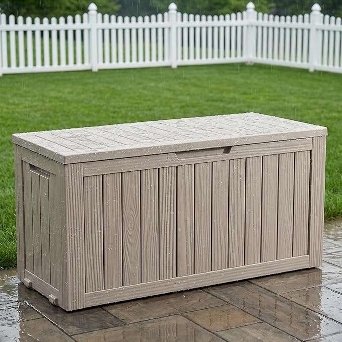 75 Gallon Outdoor Storage Box, Waterproof Resin Deck Box for Patio Cushions & Gardening Tools, Lockable Indoor/Outdoor Storage Bin, Stylish Grey Design