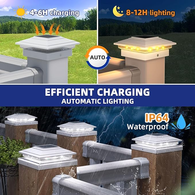 APONUO Solar Post Cap Lights 12-Pack, White IP64 Waterproof 16 LED Fence Post Solar Lights for 4x4 5x5 6x6 Wood/Vinyl Posts, 2-Mode Deck Post Lights Solar Powered, 10-Hr Lighting for Patio Yard Porch