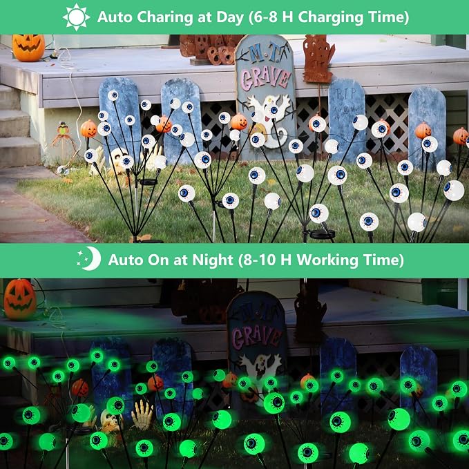 YIQU Solar Halloween Lights Outdoor 4 Pack 24 LED Green Solar Eyeball Light | Newly 3-Tier Design, 2 Lighting Modes, Auto ON/OFF, IP65 Waterproof, Swaying Firefly Lights for Lawn Garden Horror Party
