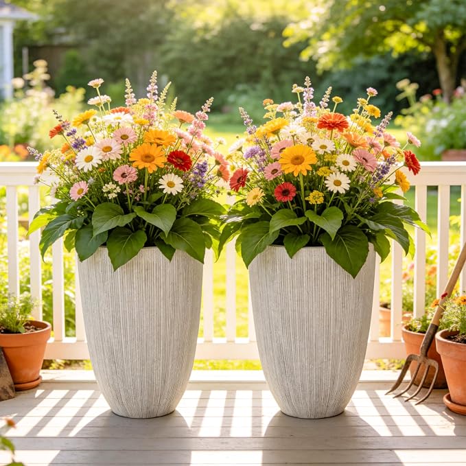 19" Tall Planter for Indoor Outdoor Plants, Set of 2 Large Flower Pot with Drainage Hole, Weather/UV-Resistant Resin Planters for Garden Patio Porch Home office Decor, Mediterranean Beige Fluted