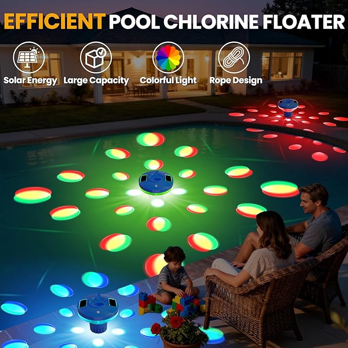 AquClor 2026 New Pool Chlorine Floater,Large Capacity Chlorine Floaters for 5 * 3'' Chlorine Tabs,Solar Chlorine Floater w/Light,Adjustable Floating Chlorine Dispenser for Pool,Hot Tub,Blue