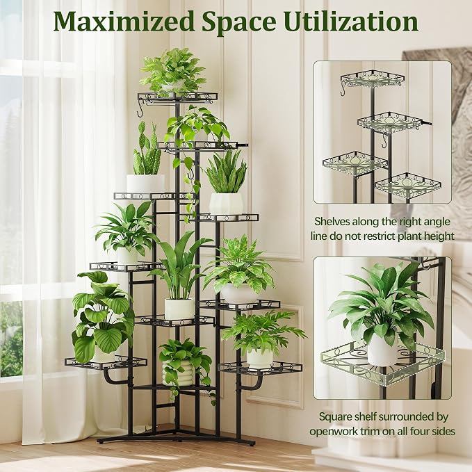 Quikraen Plant Stand Indoor with 2-Head Grow Lights, 58" Tall Lighted Corner Plant Shelf for Indoor Growing, 10-Tier Multiple Metal Large Flower Holder, Plant Rack for Home Decor, Patio (Black)