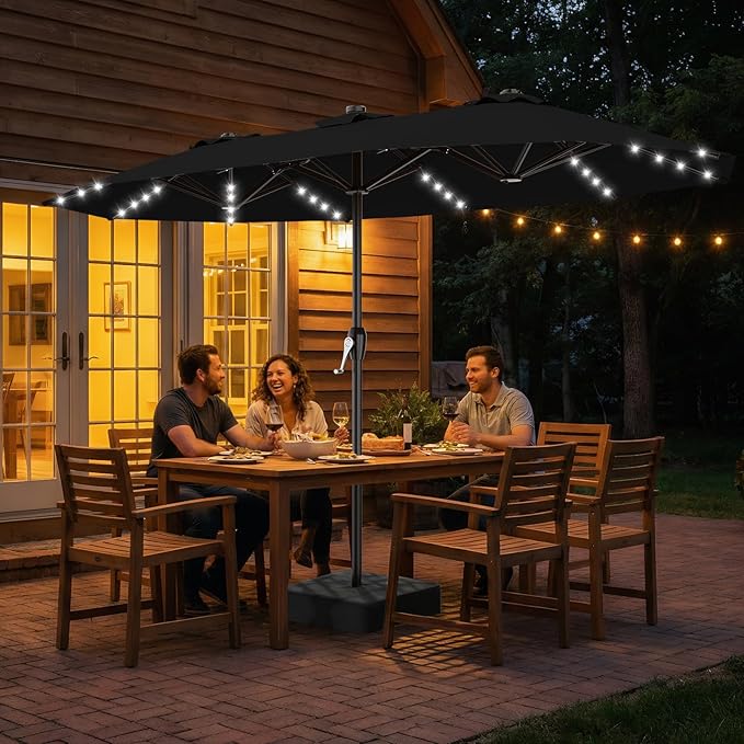 AreShark 15FT Patio Umbrella with Solar Lights, Double Sided Outdoor Table Umbrellas with Crank, Large Rectangular Market Umbrella for Porch, Lawn, Pool, Backyard, Black