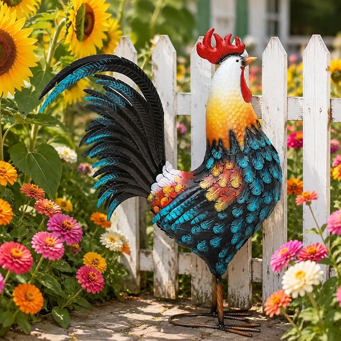32" Metal Rooster Yard Decor, Large Outdoor Garden Statue | Outdoor Chicken Sculpture, 3D Hand-Painted, Rustic Farmhouse Style, Weather Resistant Iron, Backyard Patio Lawn Garden