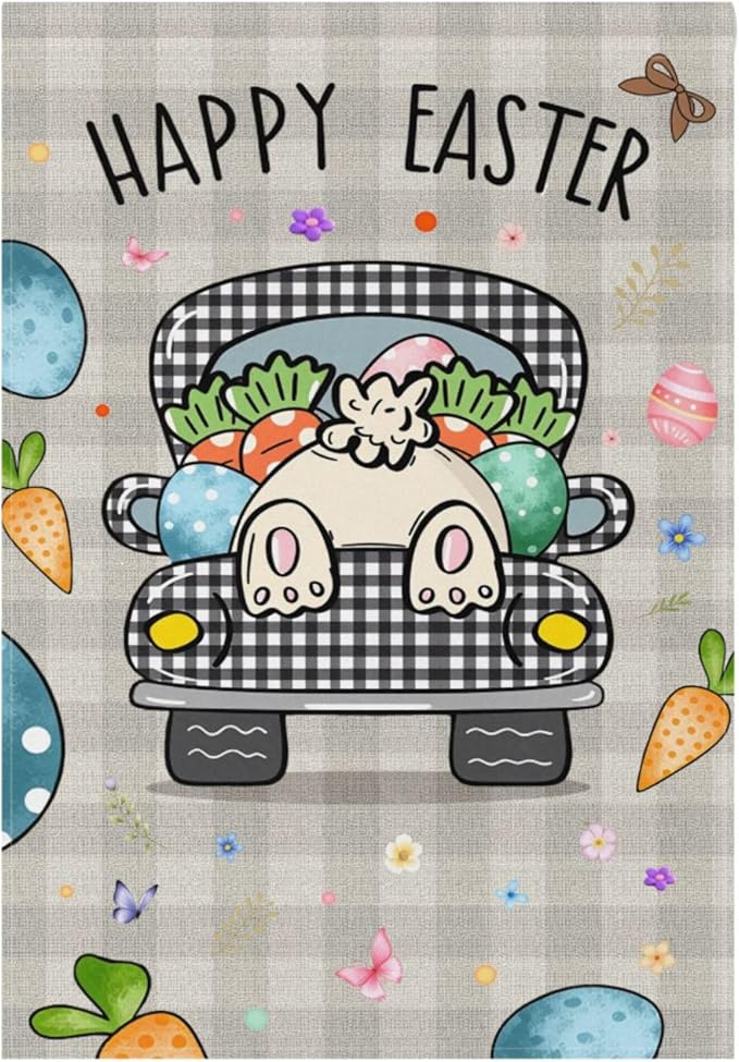 Happy Easter Day Bunny Tail House Flag 28x40 Inch Double Sided Outside Easter Eggs Truck Rabbit Buffalo Plaid Yard Outdoor Flag Banner for Garden Lawn Patio Holiday Decorations