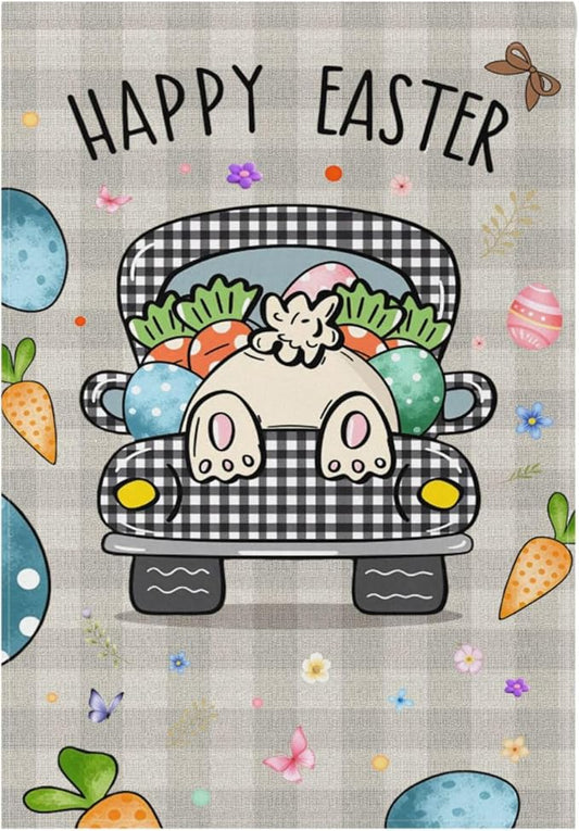 Happy Easter Day Bunny Tail House Flag 28x40 Inch Double Sided Outside Easter Eggs Truck Rabbit Buffalo Plaid Yard Outdoor Flag Banner for Garden Lawn Patio Holiday Decorations