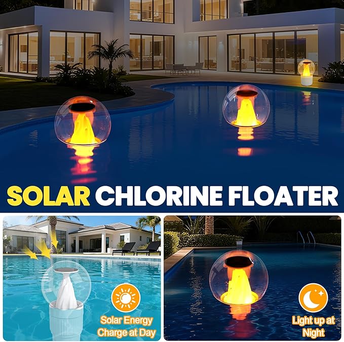 ChlorBlu Solar Chlorine Floater,Chlorine Floater with Solar Flame Light,Adjustable Release Floating Chlorine Dispenser for Pool,Large Capacity Pool Chlorine Floater,Chlorine Floater for Hot Tub(White)