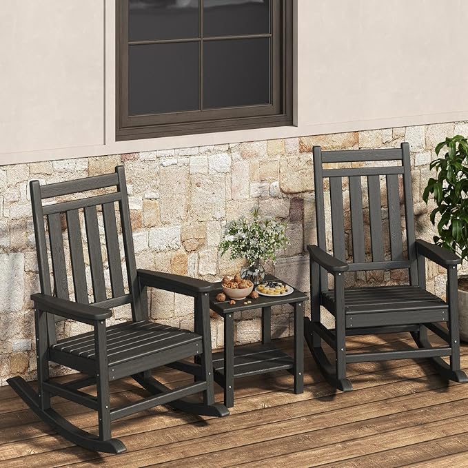 GarveeLife Poly Lumber Rocking Chair Outdoor Set of 2 with Side Table - HDPE High Back Porch Rocker Chairs for Adults - All Weather Resistant Furniture for Patio - Black
