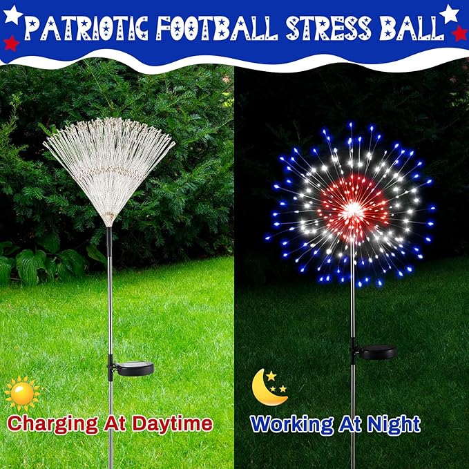 Tujoe 6 Pcs 4th of July Solar Firework Lights Patriotic Solar Light Outdoor Garden 120 LED 8 Modes Waterproof LED Sparkler Light for 250th Anniversary Patio Yard Pathway Walkway (Colorful)
