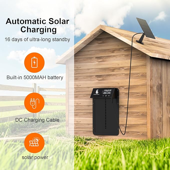 Automatic Chicken Coop Door, Aluminum Chicken Coop Door with Anti-Pinch Feature, Automatic Chicken Door with LCD Display, Solar Chicken Coop with Timer & Light Sensor (Black)