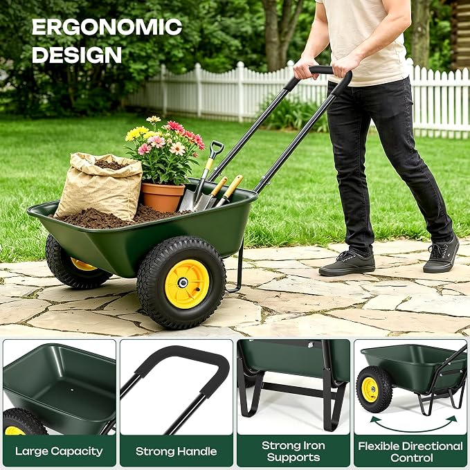 2 Wheel Wheelbarrows, Dual-Wheel Garden Dump Cart with 10" Non-Slip Pneumatic Tires & Ergonomic Padded Handle, Heavy-Duty Utility Yard Cart Wagon with 3 Cu Ft Capacity for Lawn, Gardening,Farm