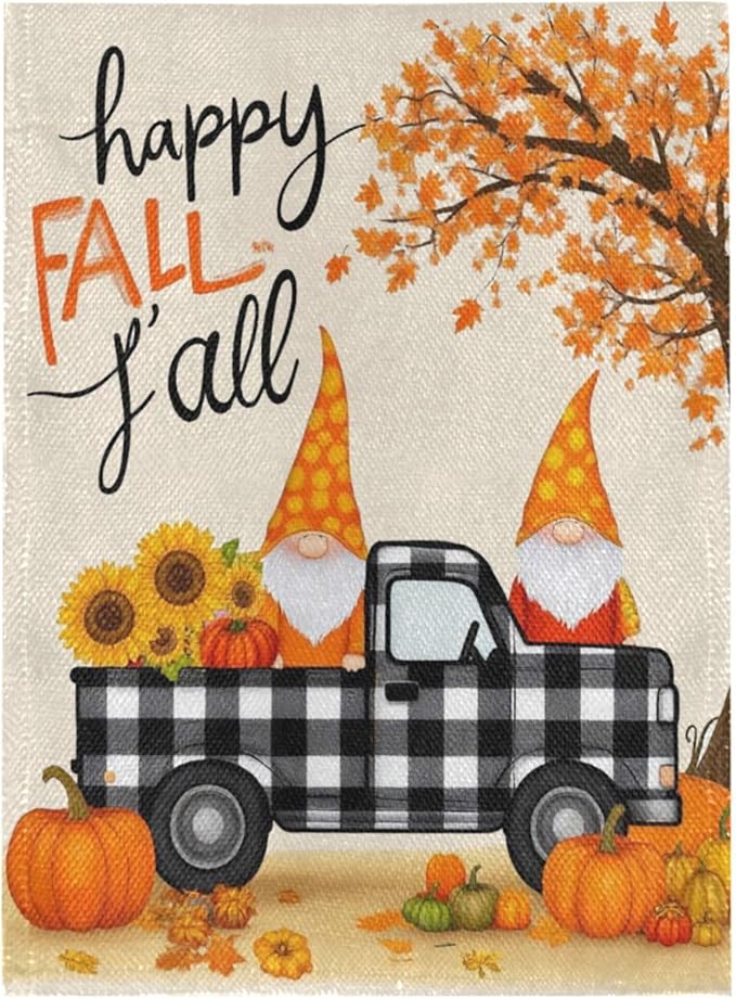 Happy Fall Pumpkin Truck Burlap House Flag 28x40 Inch Double Sided Outside Maple Leaves Tree Autumn Gnomes Seasonal Yard Outdoor Flag Banner for Garden Lawn Patio Holiday Decorations