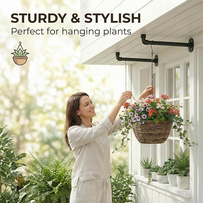 2 Pack Black Metal Pipe Plant Hanger Indoor with Hanging Chains, Industrial Window and Wall Mounted Hanging Rod Planter for Plants, Pot/Plant Not Included