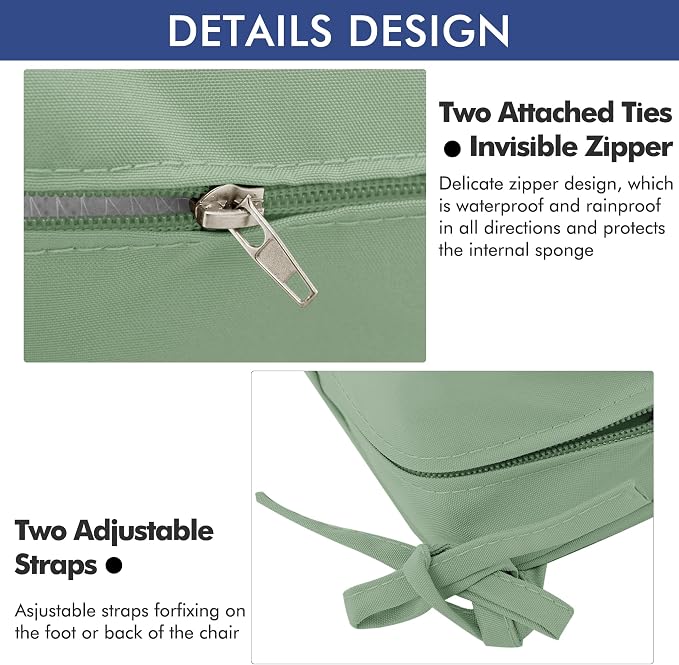 Outdoor Chair Cushions 24 x 24 Inch Water Resistant Patio Chair Cushions with Tie 3 Year Color Fastness Thick Outdoor Seat Cushion for Garden Lawn Patio Furniture Sage Green Set of 2