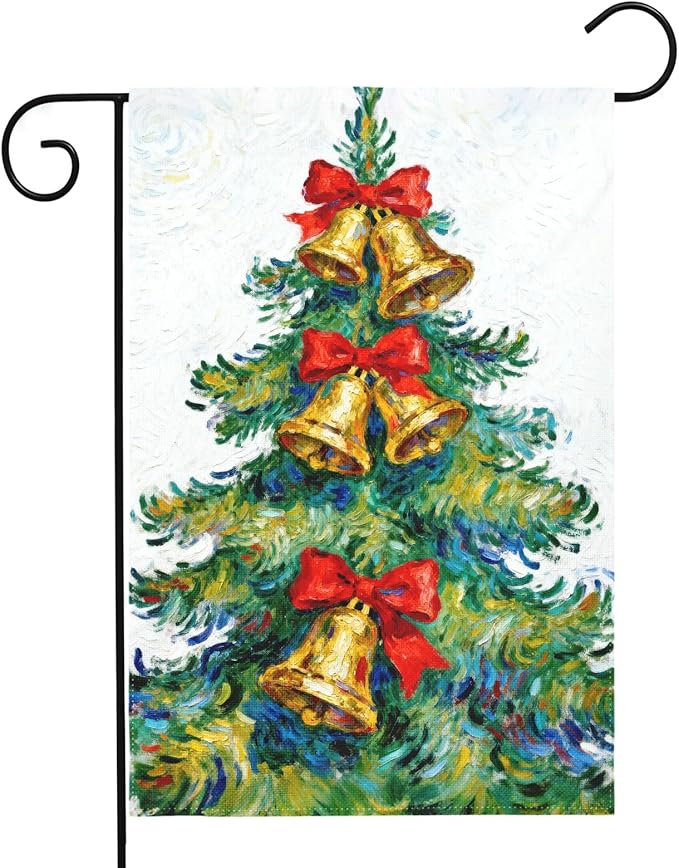 Christmas Garden Flag 12x18 Inch Green Yellow Red Xmas Tree Bell Bowknot Winter Holiday Decorative Yard Flags for Outside Double Sided Seasonal Outdoor Home Farmhouse Decoration Porch New Year Decor