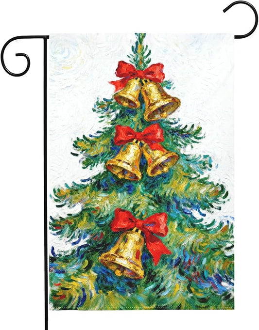 Christmas Garden Flag 12x18 Inch Green Yellow Red Xmas Tree Bell Bowknot Winter Holiday Decorative Yard Flags for Outside Double Sided Seasonal Outdoor Home Farmhouse Decoration Porch New Year Decor