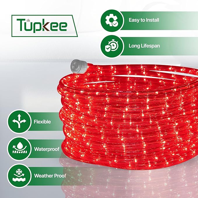 Tupkee LED Rope Light Red - for Indoor and Outdoor use, 24 Feet (7.3 m) - 10MM Diameter - 144 LED Long Life Bulbs Rope Tube Lights - Pack of 2