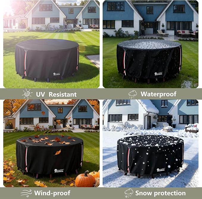 Round Patio Furniture Covers,600D Heavy Duty Waterproof Outdoor Furniture Cover for Round Dining Table with Rocking Swivel Chairs Set,84" Dia x 28" H Black