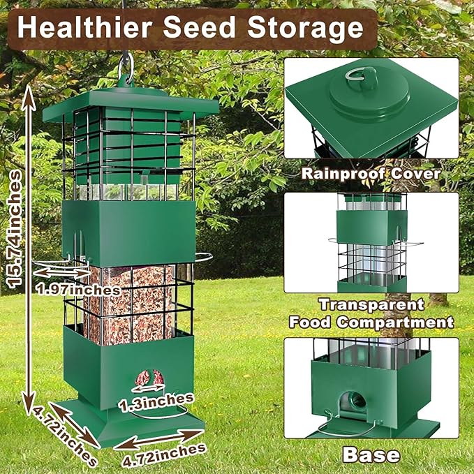 Squirrel Proof Bird Feeder, 3LBS Metal Hanging Bird Feeders for Outdoors, Weight-Activated Perches Wild Birdfeeder for Blue Jay, Cardinal (Green)