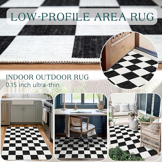 Black and White Checkered Entry Rug - 3x5 Ft Non-Slip Washable Indoor Outdoor Front Door Mat Porch Rug Geometric Throw Carpet for Living Room Bedroom Entryway Kitchen Office Porch Decor