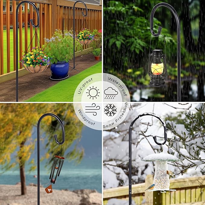 Ottsuls 2 Pack 60 inch Adjustable Shepherd Hooks and 2 Pack Solar Bird Feeder for Outdoors Hanging (Blue)