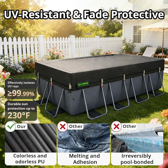 QH.HOME 550D 8x16 Ft Rectangular Pool Cover [Upgraded Tear Resistant & Quadruple Windpoof]wth Pre-Installed Winch and Rope,Pool Covers for Above Ground Pools Rectangle-Snug Fit & Waterproof Protection