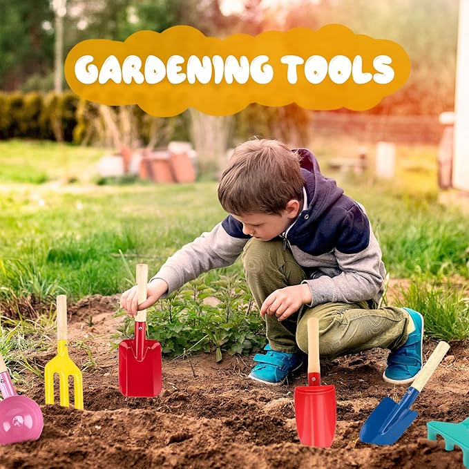 8'' Kids Gardening Set, 6 Pcs Beach Toys, Kids Metal Sand Toys Sandbox Toys, Children Sand Toys Gardening Set with Sturdy Wooden Handle, Beach Shovels for Kid Ages 3-8