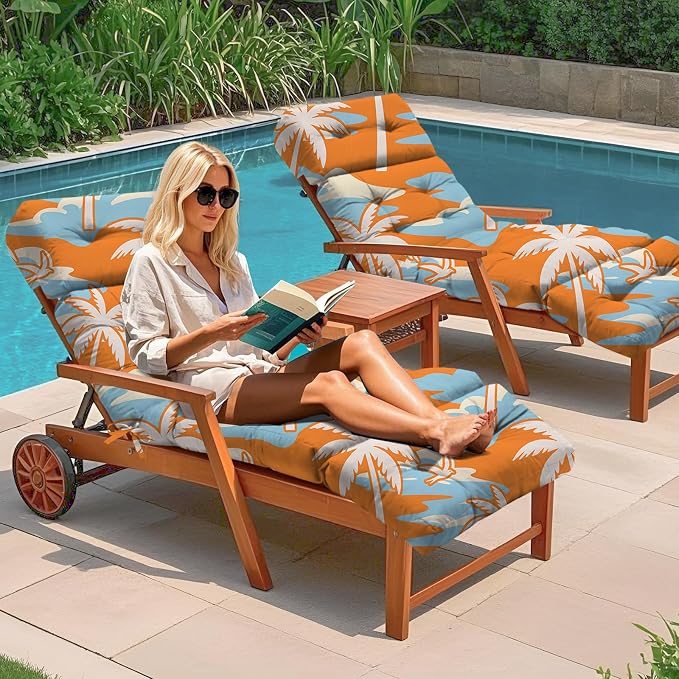 Outdoor Chaise Lounge Chair Cushion 75.1 x 22.8 x 4.7 Inches 100% Waterproof Replacement Cotton Patio Pool Lounge Chair Cushion for Outdoor Furniture with Ties, Orange Coconut Tree