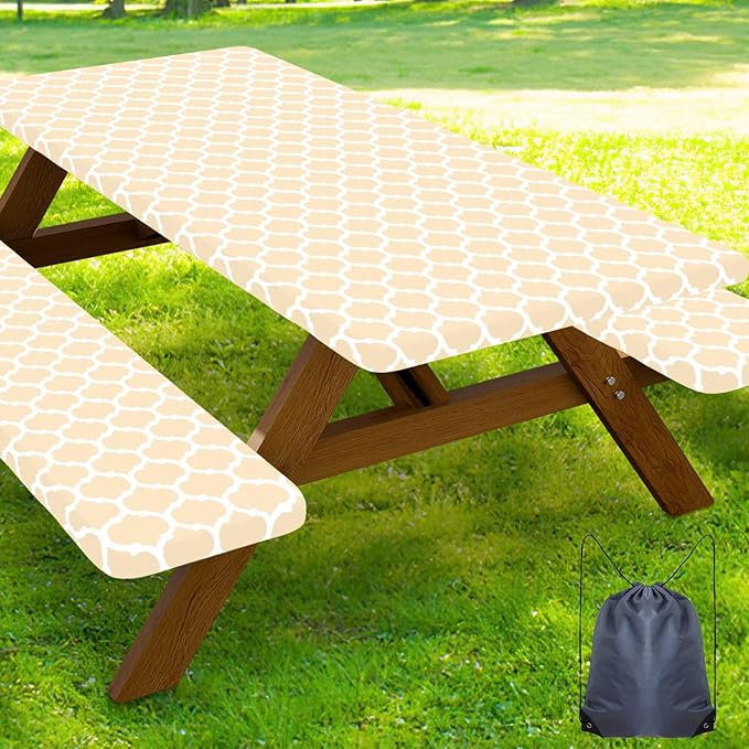 Smiry Picnic Table Cover with Bench Covers, Waterproof Elastic Fitted Tablecloth for 5 Foot Tables, Washable Polyester Tablecloths for Camping, Indoor & Outdoor (Beige, 30x60 Inch 3-pc Set)