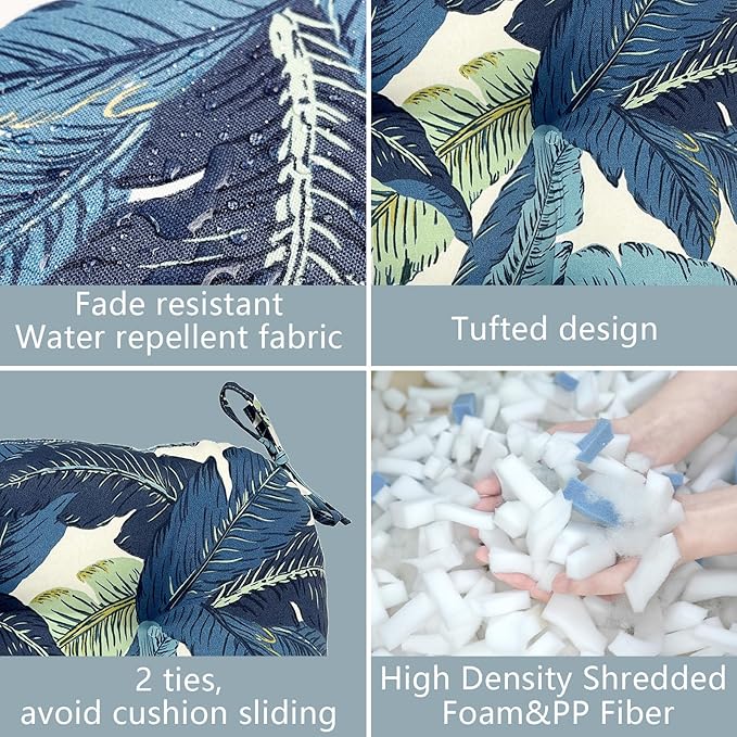 LVTXIII Outdoor Seat Cushions Seasonal Tufted Chair Cushions, Patio Chair Pads for Dining Chairs, Office Armchairs and Garden Furniture Decoration (Round Back, 19”x19”x4”, Swaying Palms Blue, 2 Pack)