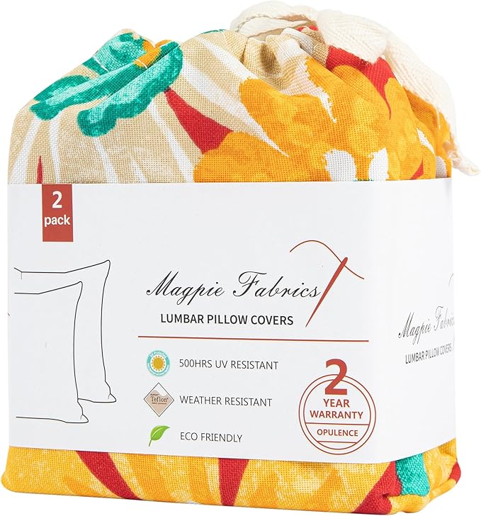 Magpie Fabrics Pack of 2 Outdoor Lumbar Pillow Case Covers 12"x20", Waterproof Rectangular Throw Pillowcase Shell Decorative Sham for Patio Garden Couch - Embry Red Hibiscus