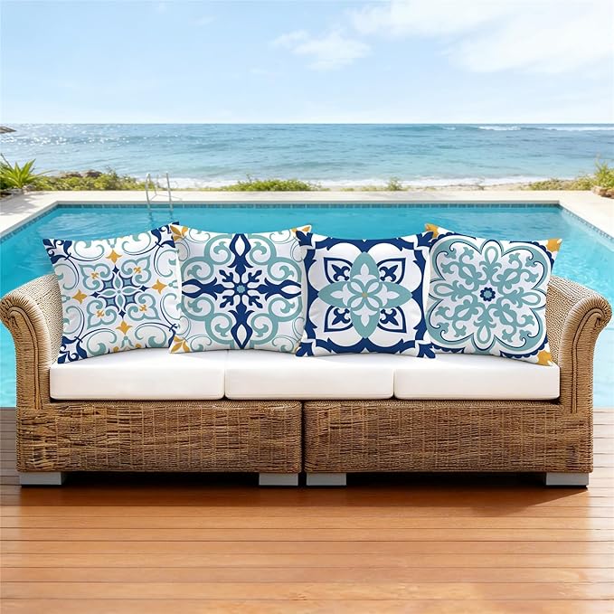 NIGHTWISH Outdoor Waterproof Pillow Covers 18x18 Set of 4 Teal Boho Decorative Throw Pillows Floral Cushion Cases for Patio Furniture Bench Couch Sunbrella