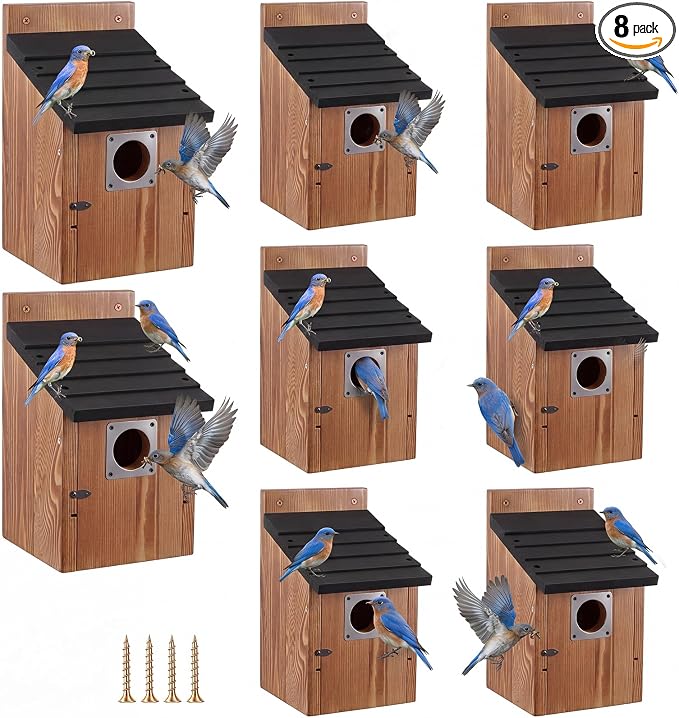 Dreyoo 8 Pack Bluebird Houses for Outside with Metal Predator Guard, 1-1/2" Entrance Hole Wooden Blue Bird Houses for Outdoors, Bluebird Nesting Box with Screwdriver(Black Roof, Burnt Wood Body)