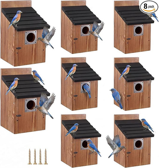 Dreyoo 8 Pack Bluebird Houses for Outside with Metal Predator Guard, 1-1/2" Entrance Hole Wooden Blue Bird Houses for Outdoors, Bluebird Nesting Box with Screwdriver(Black Roof, Burnt Wood Body)