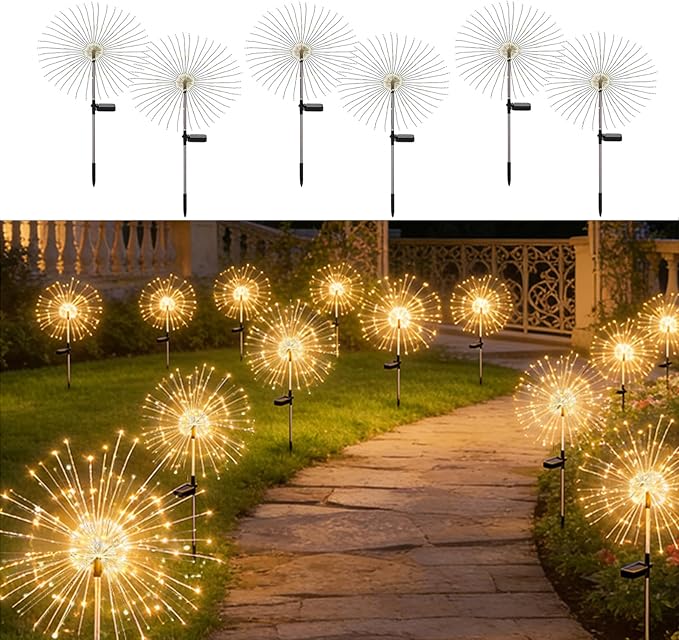 Solar Fireworks Lights for Outside,150 LED 8 Mode Firework LED Solar Fairy Lights Twinkling Tree Outdoor for Garden Yard Landscape Patio Lawn Wedding Christmas Part Decor Warm White (6 Pack)
