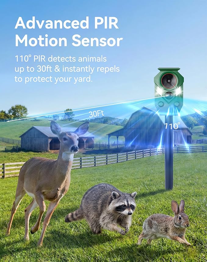 Solar Ultrasonic Animal Repellent Outdoor, Motion Activated Deer Repellent Devices with Flashing Lights, Waterproof Cat Repellent Outdoor, Repels Dog, Raccoon, Coyote for Garden & Lawn (2, Green)