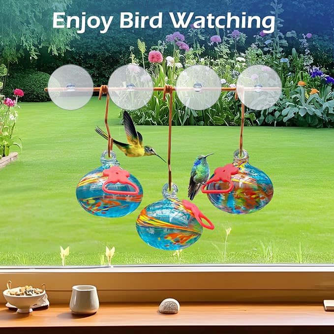 Pozfun Window Hummingbird Feeder with Suction Cups,Hand-Blown Glass Hummingbird Feeders for Outdoors Window Mounted with Metal Hook,Close Bird Watching,Finch in Garden,Yard(Blue)