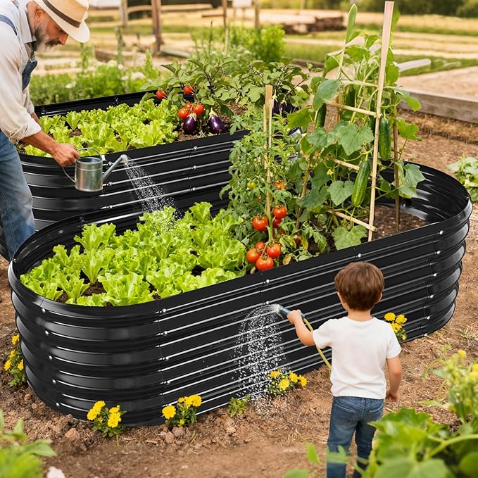 YSEJOMP 17" Tall Outdoor Garden Raised Garden Bed Kits, 5ft X 2ft Oval,0.8MM Thick Metal Raised Planter Bed/Ground Planter Box for Variety of Flowers,Herbs,Vegetables (Black, 60X24X16.5 Inches)
