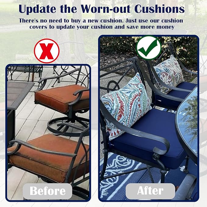 FLYMEI Patio Cushion Covers 19x19x3 Waterproof Outdoor Cushion Cover Replacement 2Packs Outdoor Seat Cushion Slipcover for Rattan Chair Sofa, Navy Blue