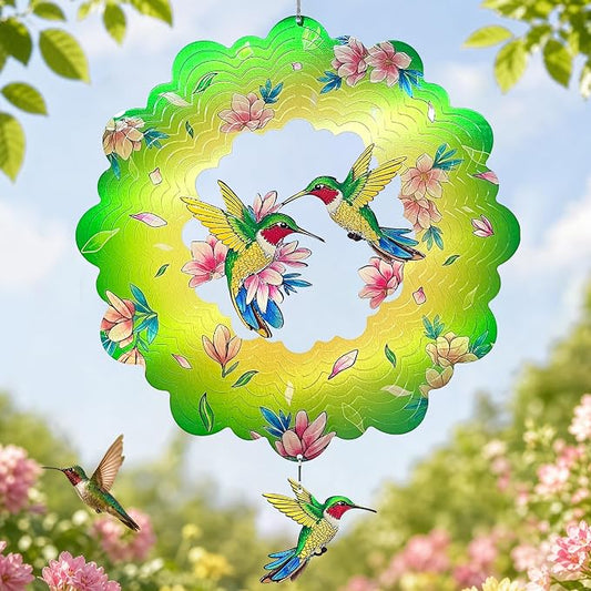 Hummingbird Wind Spinners Outdoor Decor, IDEA SHOW 12 in 3D Kinetic Stainless Steel Hanging Wind Spinner Sculpture with Pendant, Rustproof Metal Yard Art Garden Decorations, Unique Gifts for Women Mom